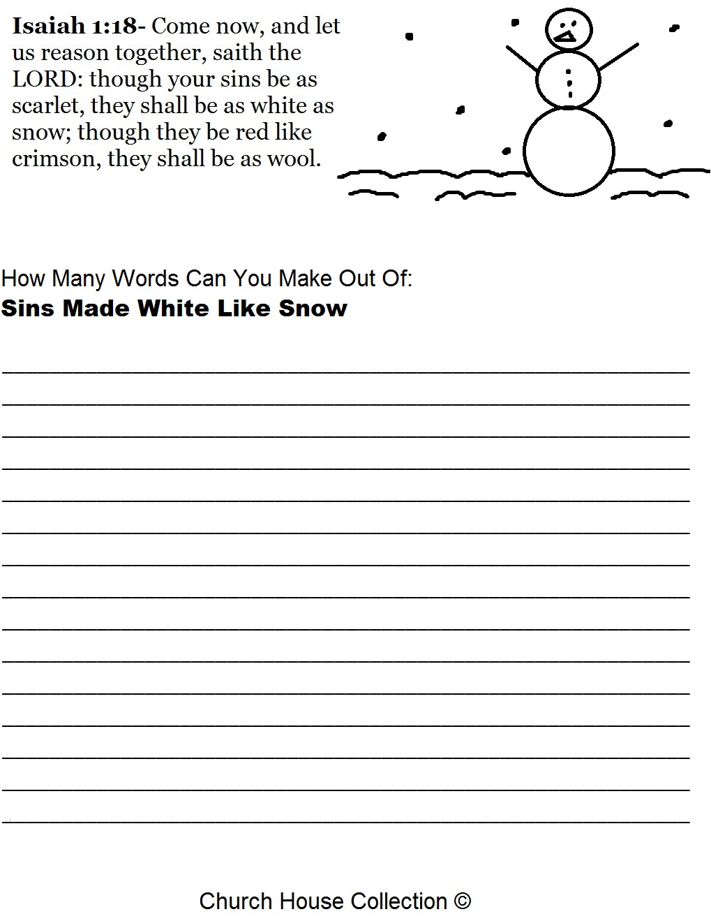 Free Christmas Snowman Word In A Word Worksheets- How many words can you make out of Sins Made White Like Snow by Church House Collection- Use with our Free Christmas Sunday School Lessons for kids.
